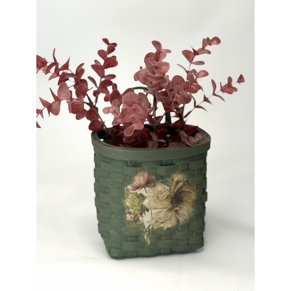 Vintage Green Wicker Hanging Basket Floral Cottagecore Planter Basket Wall Decor